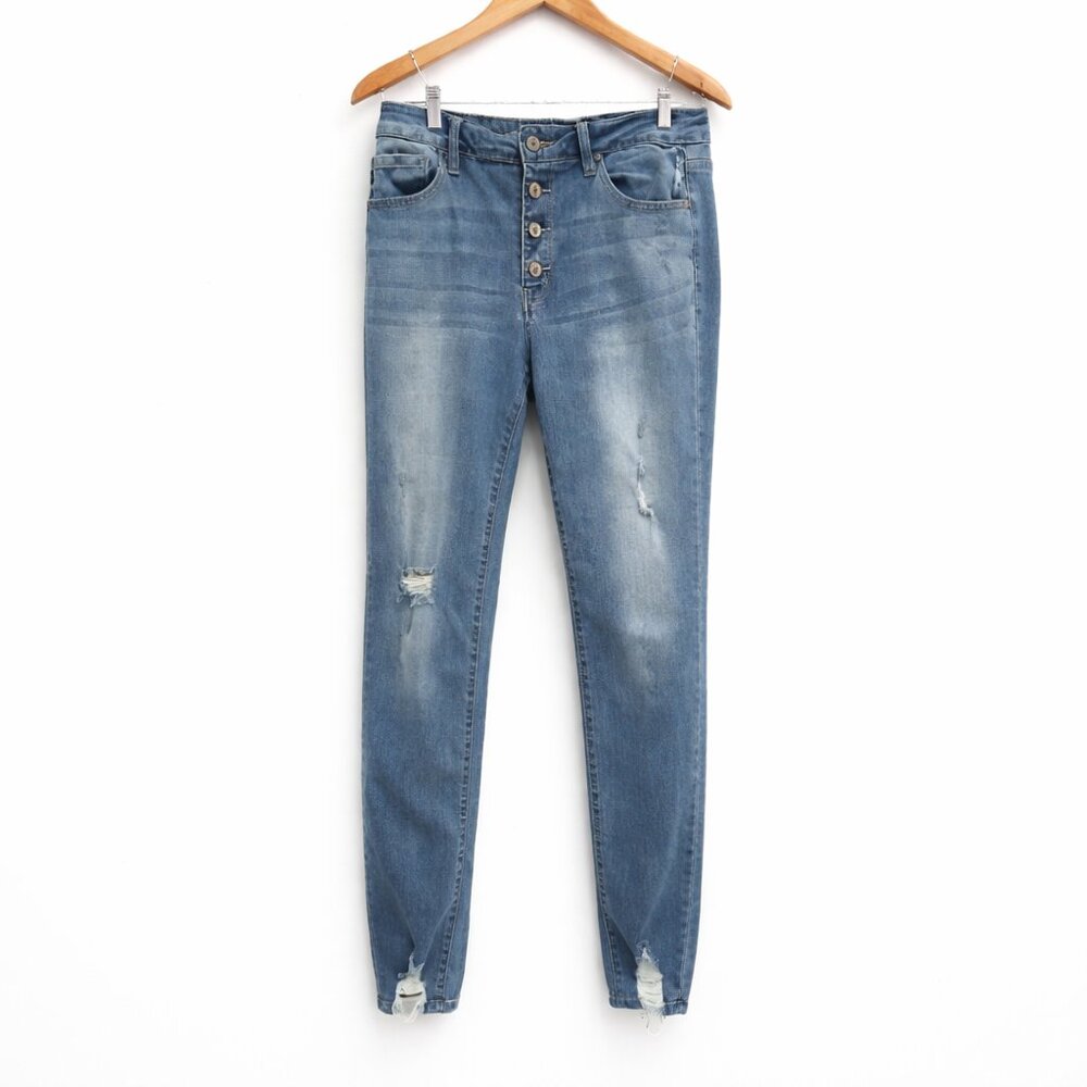 KanCan Brand Woman's Button Fly Distressed Blue Jeans, Size 13/30